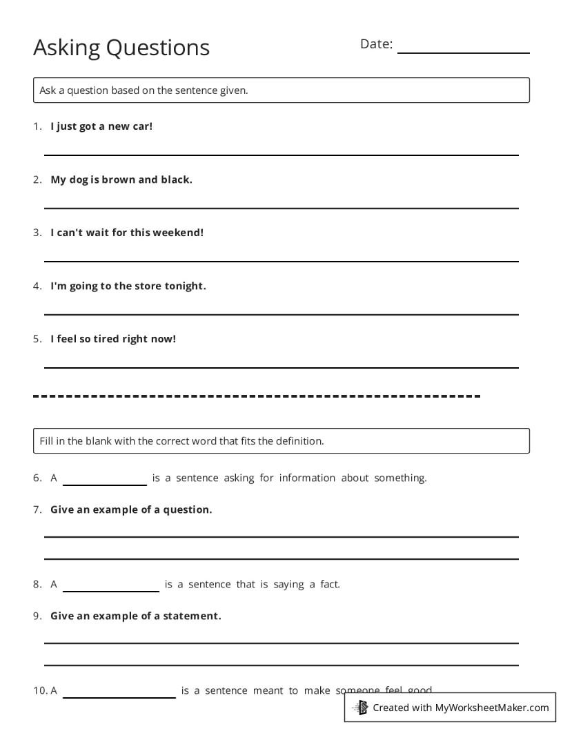 Asking Questions - My Worksheet Maker: Create Your Own Worksheets