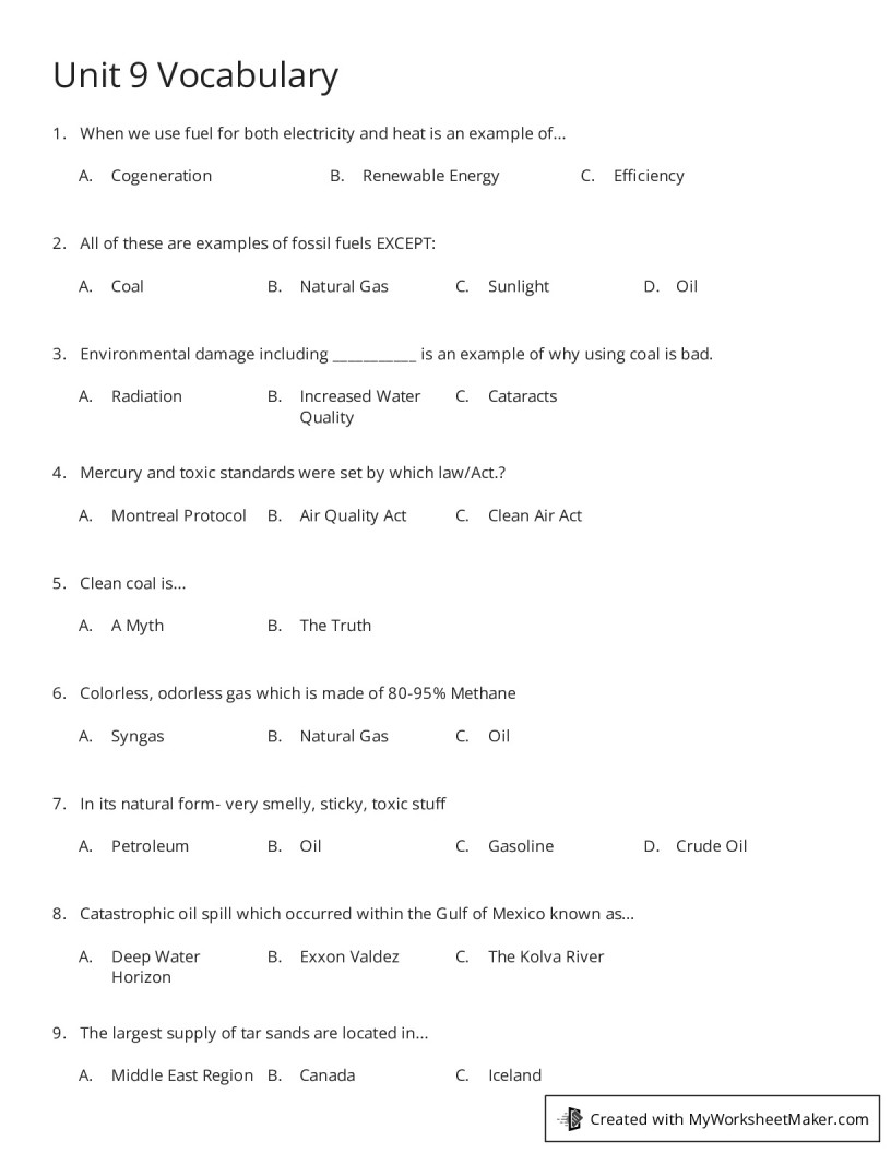 Unit 9 Vocabulary My Worksheet Maker Create Your Own Worksheets