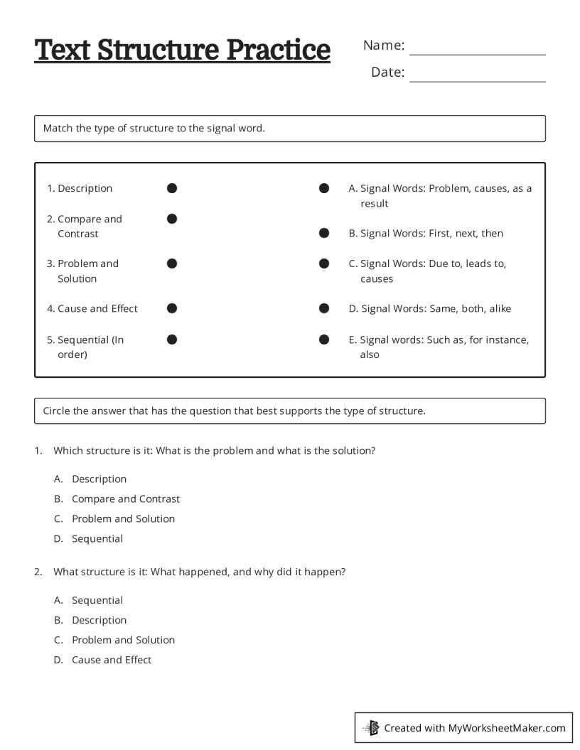 Text Structure Practice - My Worksheet Maker: Create Your Own Worksheets