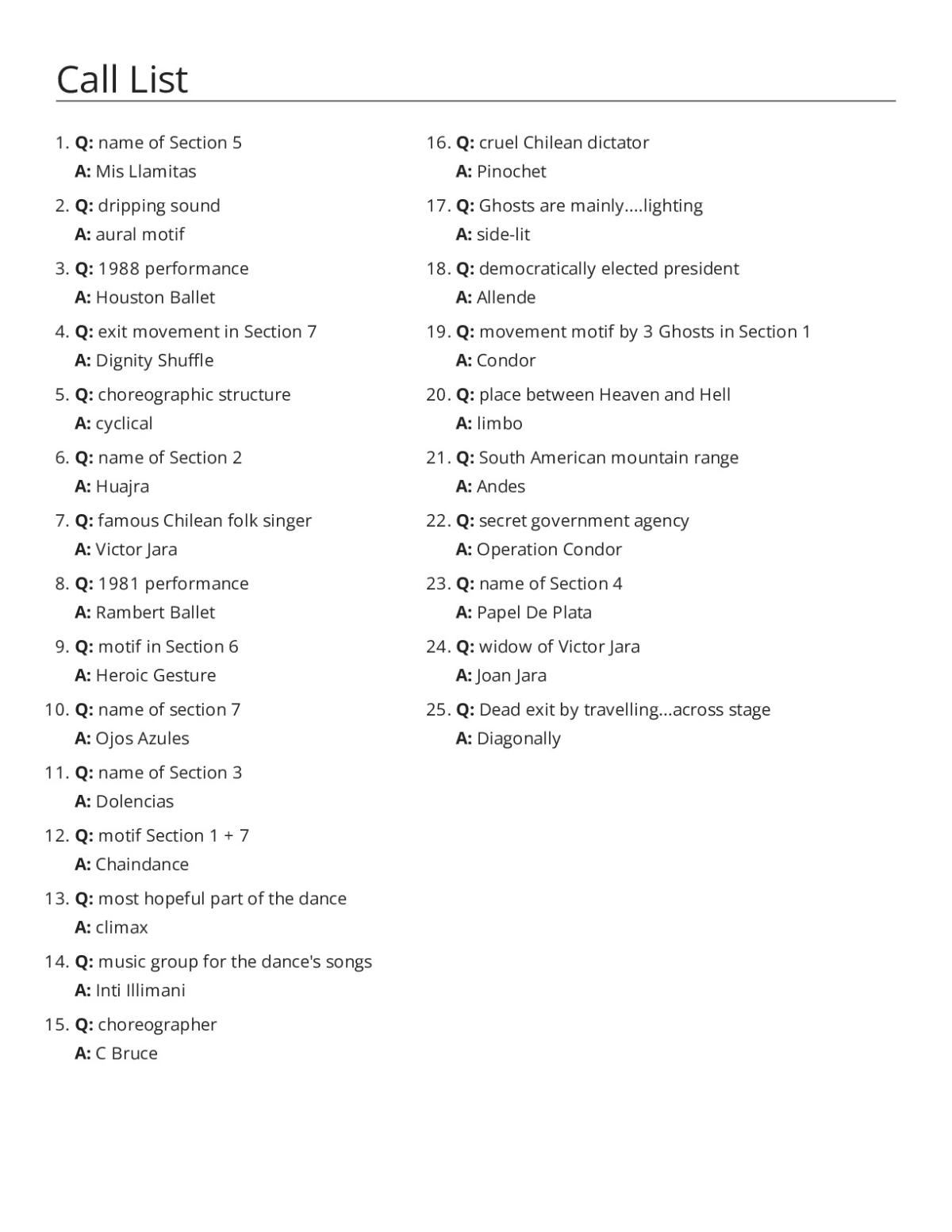 Ghost Dances bingo cards with ballet terminology, Christopher Bruce, and Chilean history references.