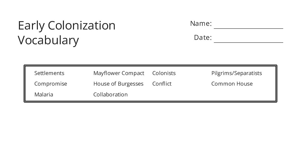 Early Colonization Vocabulary - My Worksheet Maker: Create Your Own ...