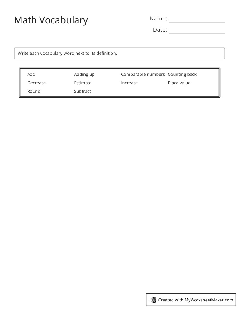 Math Vocabulary - My Worksheet Maker: Create Your Own Worksheets