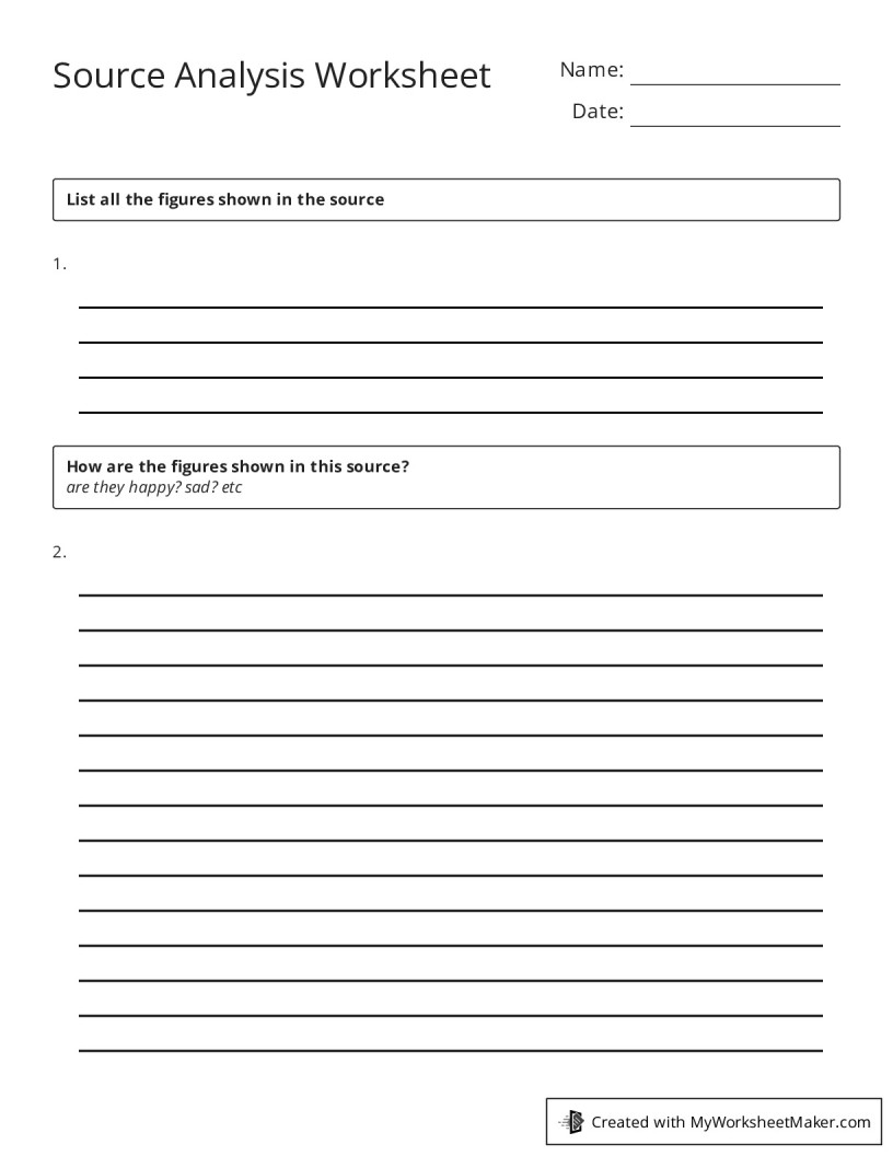 Source Analysis Worksheet - My Worksheet Maker: Create Your Own Worksheets