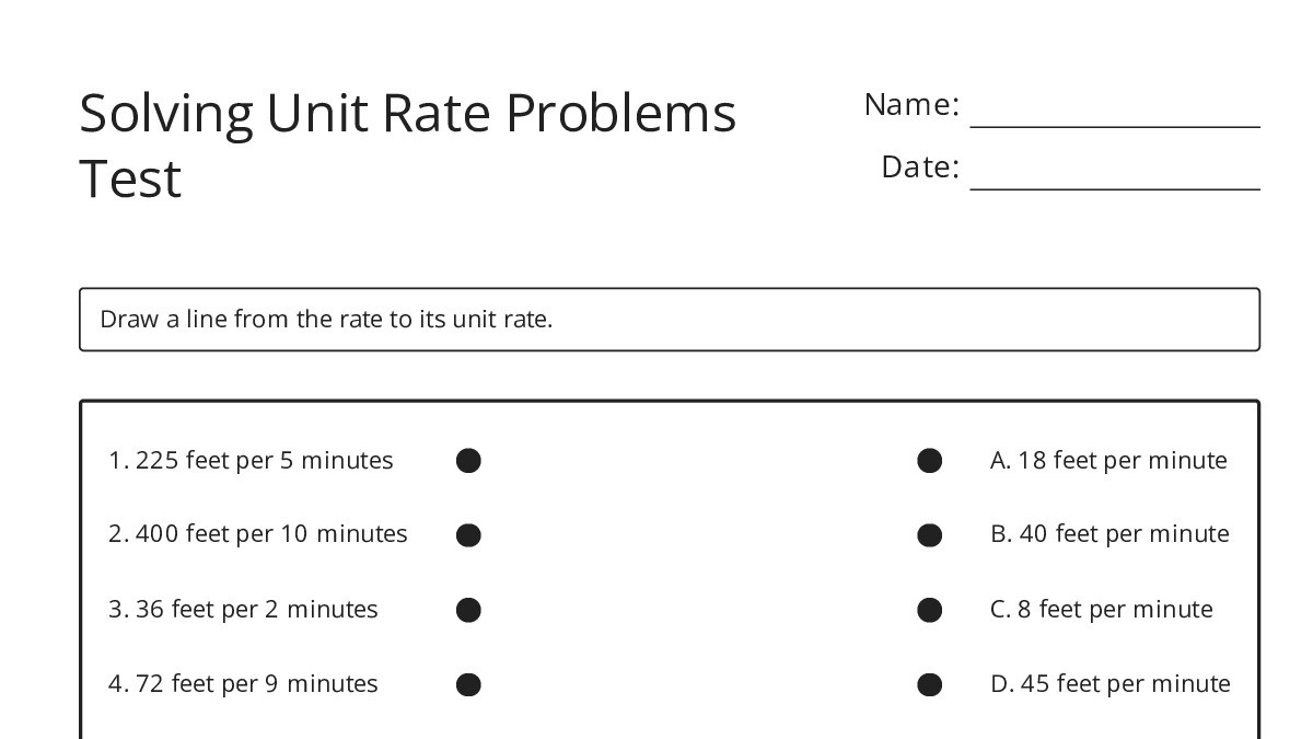 Solving Unit Rate Problems Test - My Worksheet Maker: Create Your Own ...