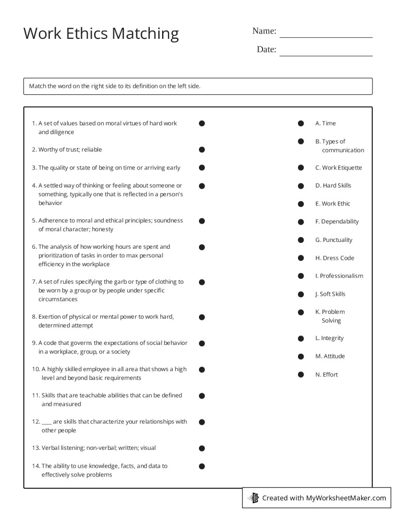Work Ethics Matching My Worksheet Maker Create Your Own Worksheets