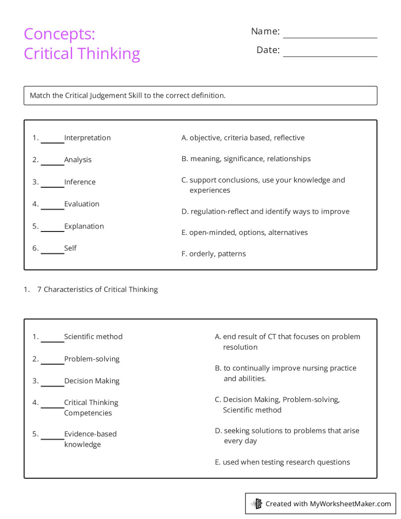 Concepts:Critical Thinking - My Worksheet Maker: Create Your Own Worksheets