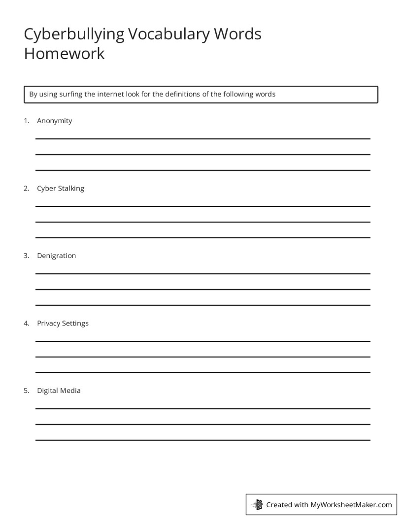 Cyberbullying Vocabulary Words Homework My Worksheet Maker Create