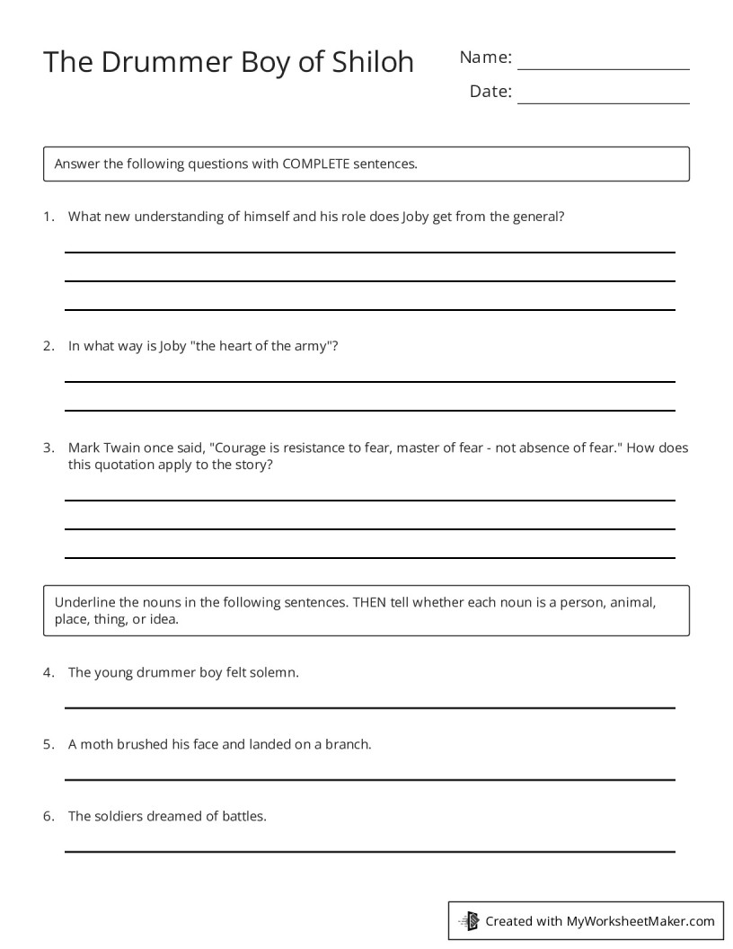 The Drummer Boy of Shiloh My Worksheet Maker Create Your Own Worksheets