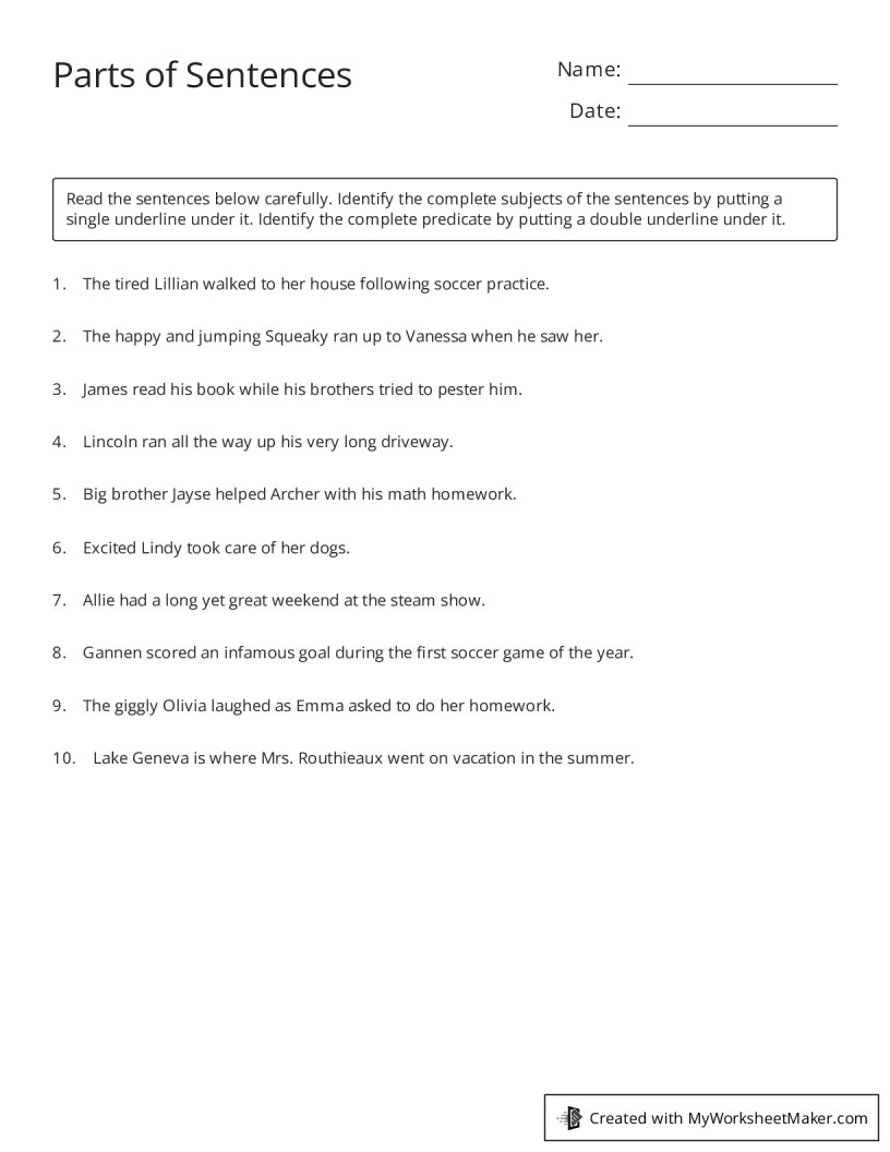Parts of Sentences - My Worksheet Maker: Create Your Own Worksheets