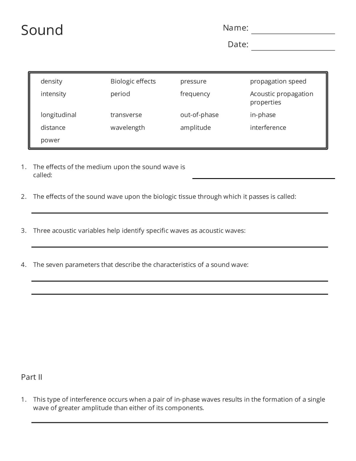 College-level physics worksheet on sound waves covering wavelength, frequency, amplitude, interference, and acoustic propagation properties.