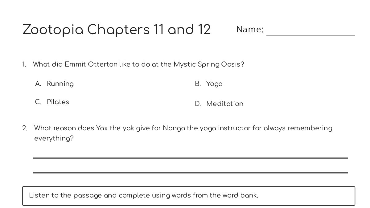 Zootopia Chapters 11 and 12 - My Worksheet Maker: Create Your Own ...