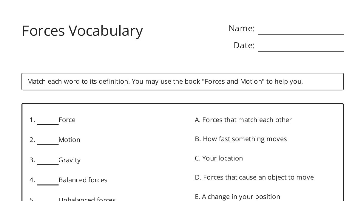 Forces Vocabulary - My Worksheet Maker: Create Your Own Worksheets