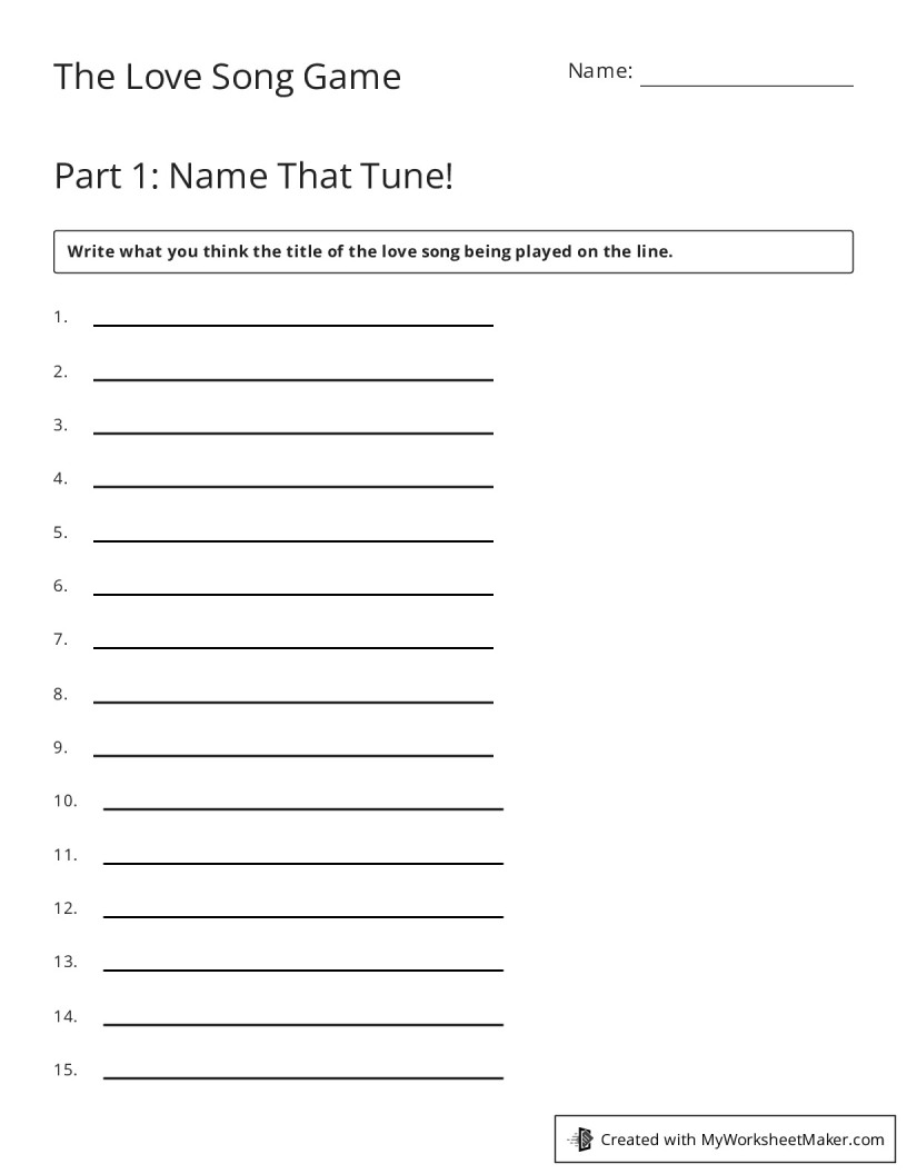 The Love Song Game - My Worksheet Maker: Create Your Own Worksheets