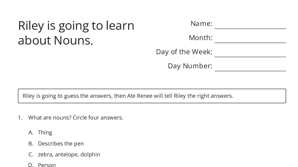 Riley is going to learn about Nouns. - My Worksheet Maker: Create Your ...