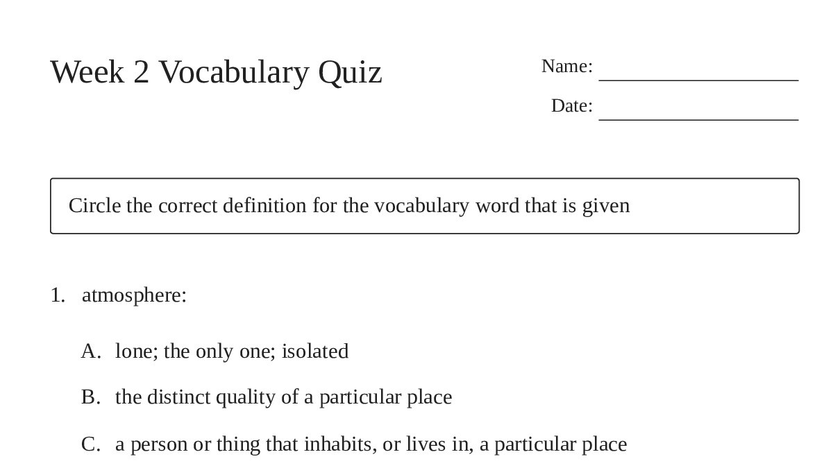 Week 2 Vocabulary Quiz - My Worksheet Maker: Create Your Own Worksheets