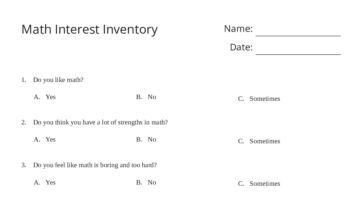 Botel Math Inventory Math Interest Inventory - My Worksheet Maker: Create Your Own Worksheets
