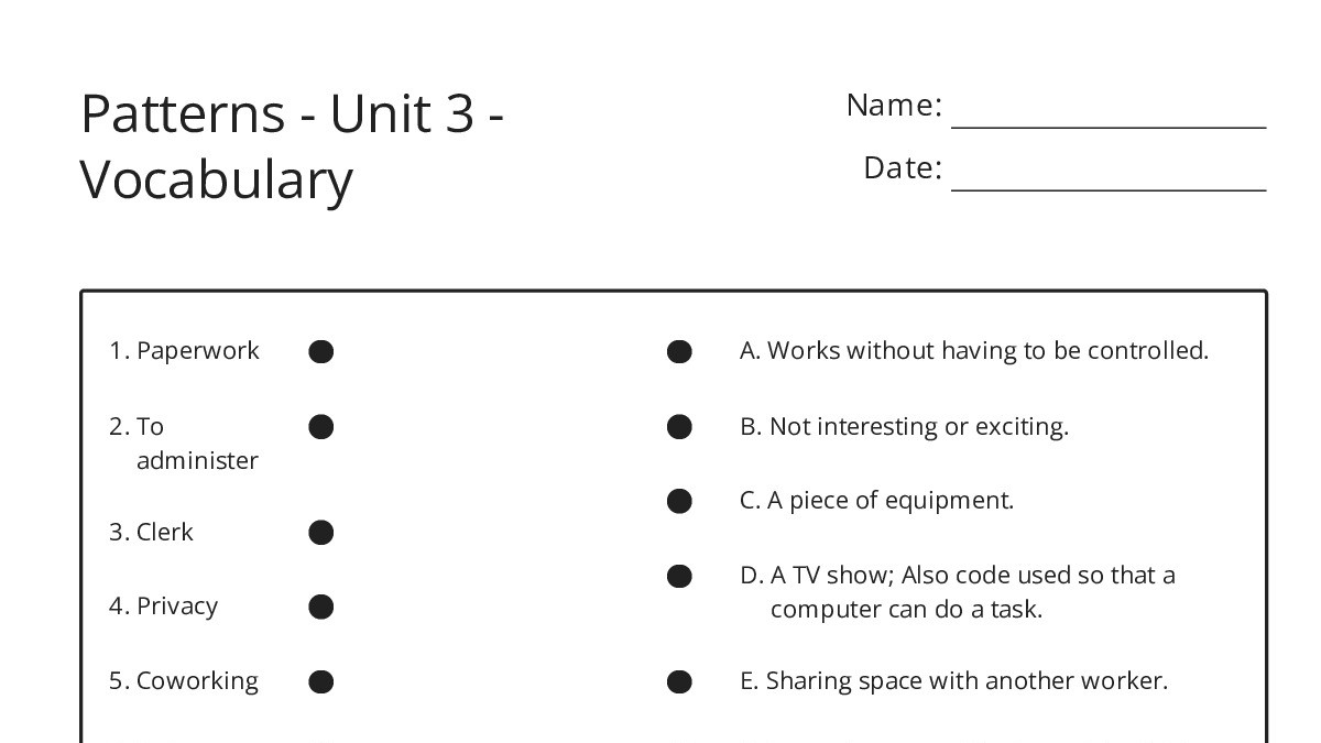Patterns - Unit 3 - Vocabulary - My Worksheet Maker: Create Your Own ...