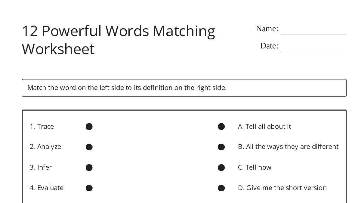 12 Powerful Words Matching Worksheet - My Worksheet Maker: Create Your ...