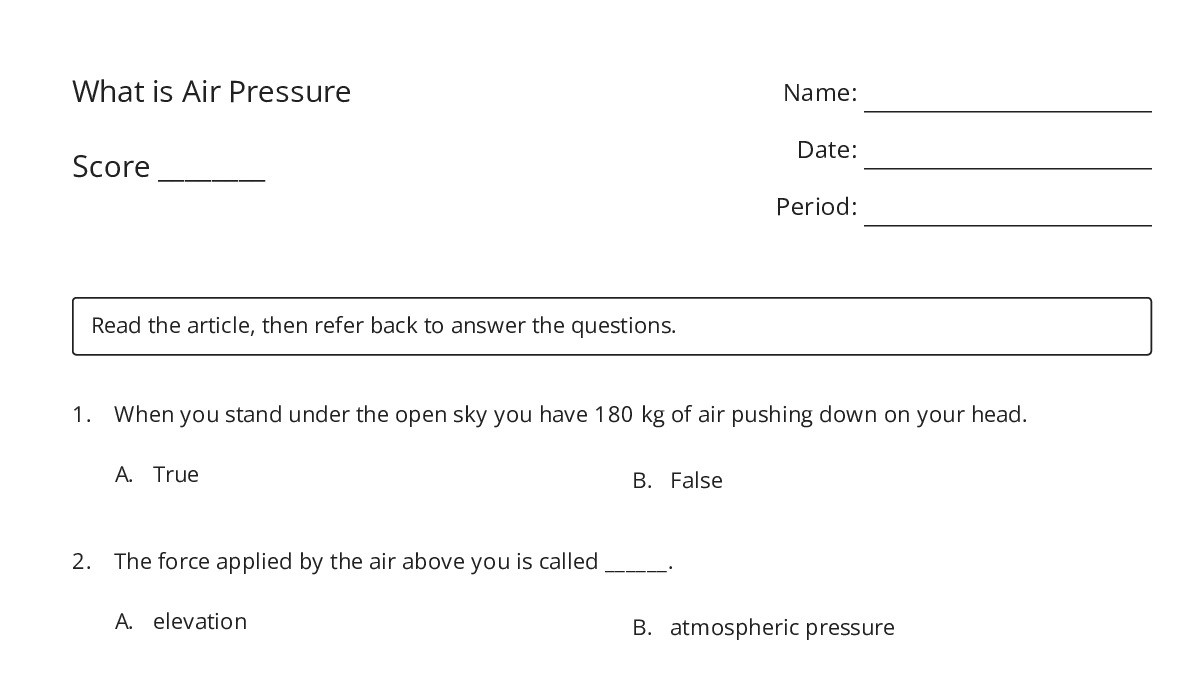 What is Air Pressure Score ________ - My Worksheet Maker: Create Your ...