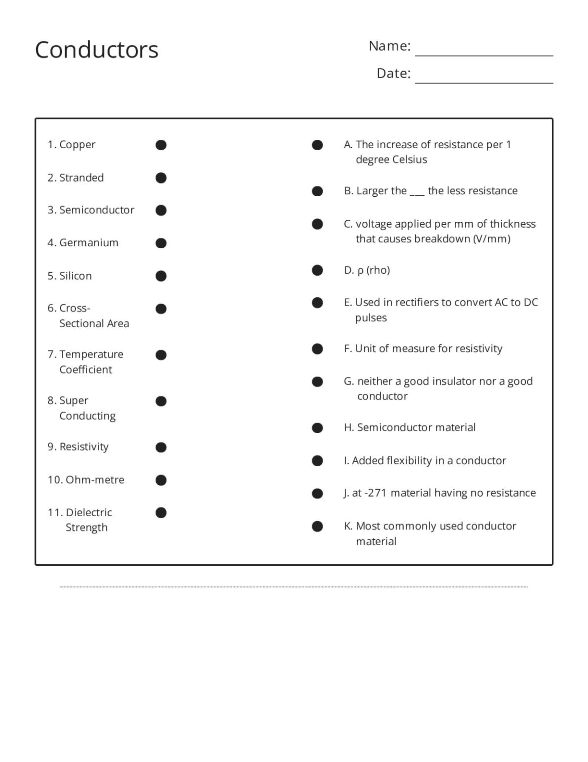 College physics matching worksheet on conductors with terms like copper, semiconductors, resistivity, and dielectric strength.