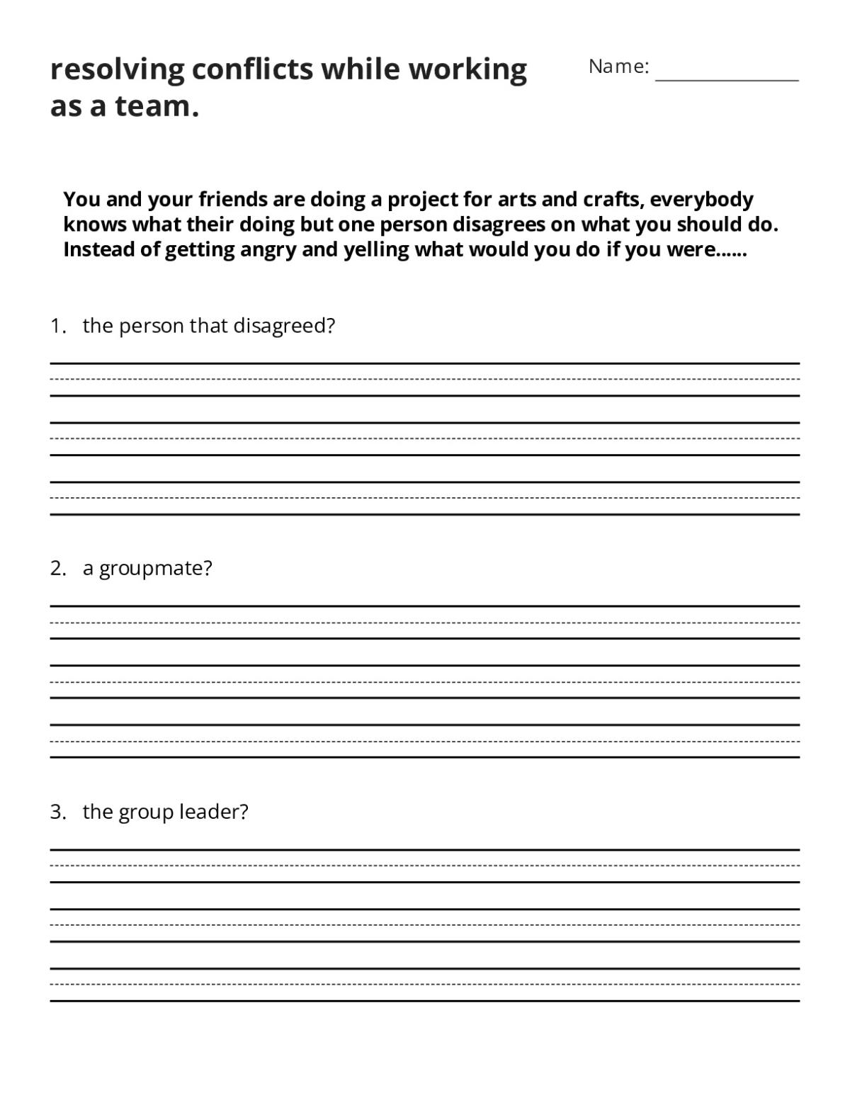 Printable worksheet for Grades 1 and 2 on conflict resolution and teamwork during a group arts and crafts project.
