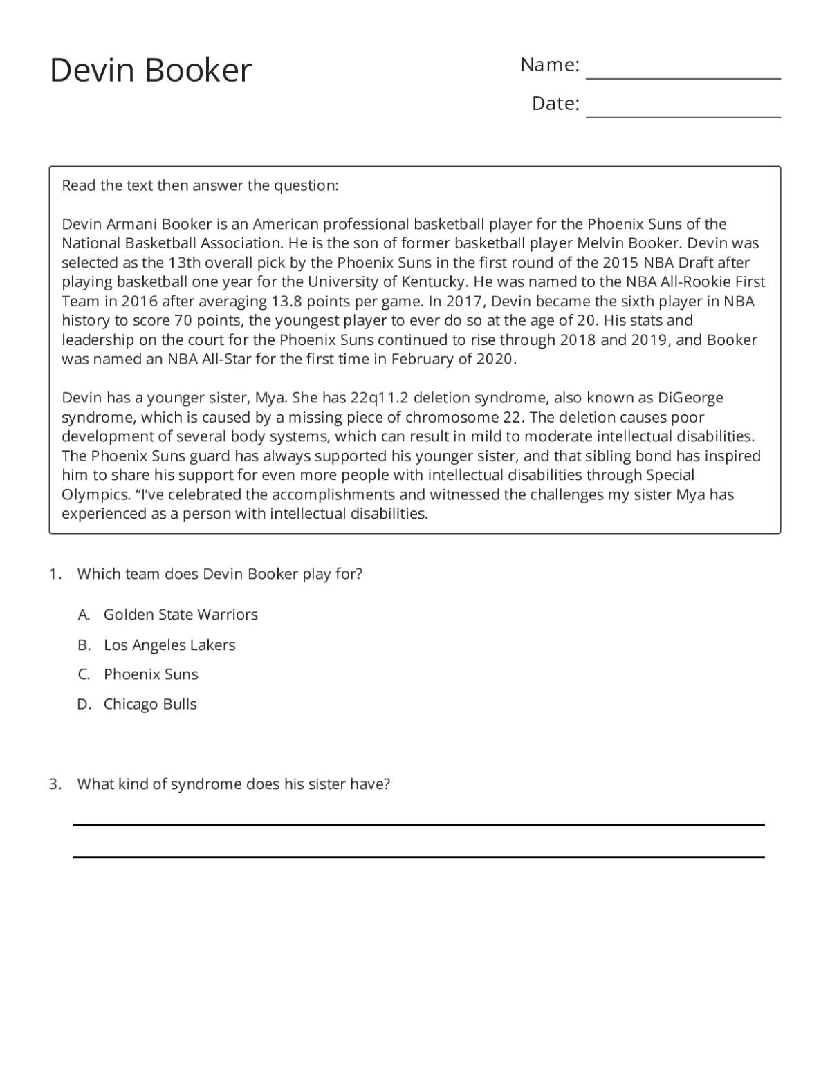 Reading comprehension worksheet about NBA basketball player Devin Booker with multiple-choice and matching questions.