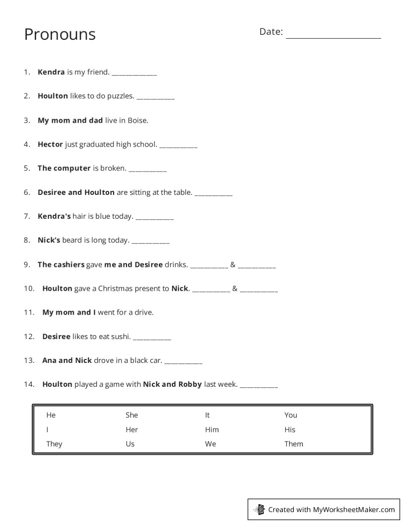 Pronouns My Worksheet Maker Create Your Own Worksheets