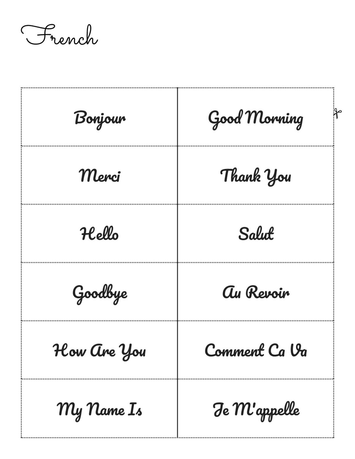 French basics flashcards with greetings, family words, and time-of-day vocabulary for elementary learners.