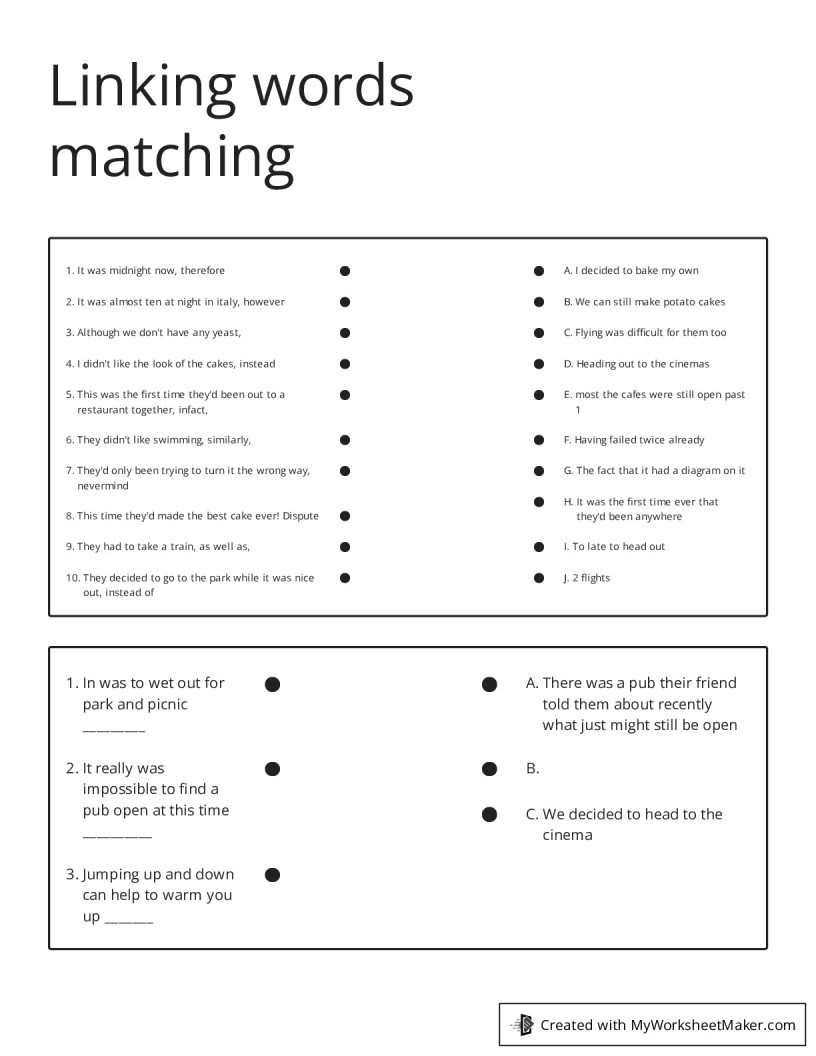 Linking words matching - My Worksheet Maker: Create Your Own Worksheets