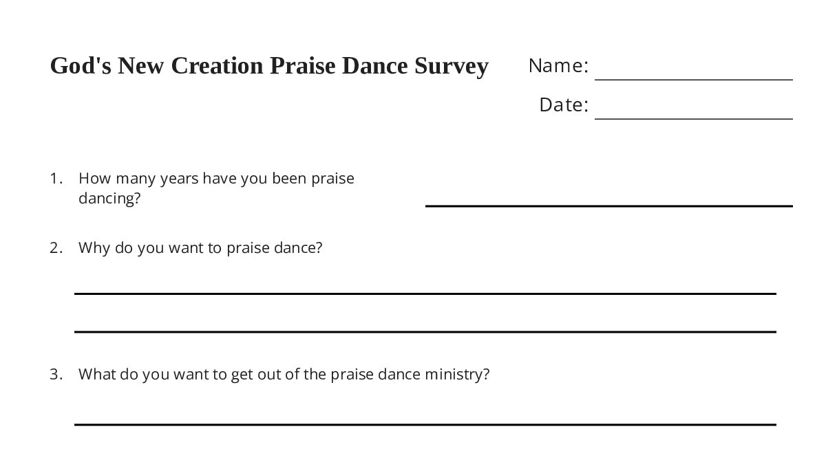 Praise Worksheet.pdf God's New Creation Praise Dance Survey - My Worksheet Maker: Create ...
