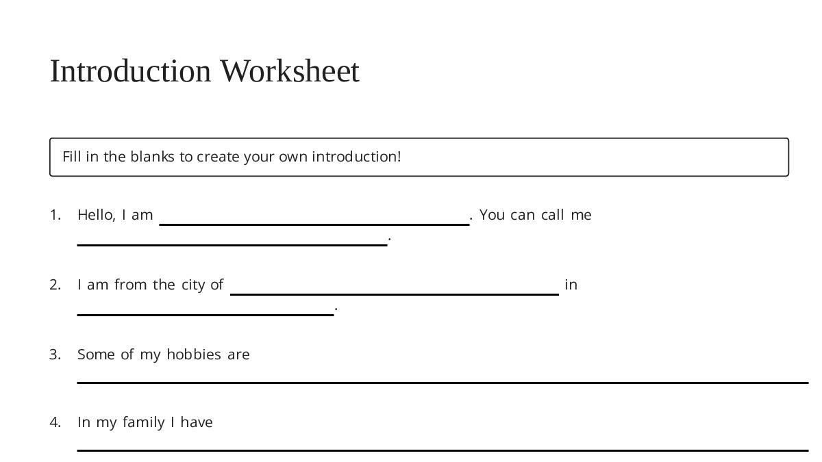 Introduction Hand Out Introduction Worksheet - My Worksheet Maker: Create Your Own Worksheets