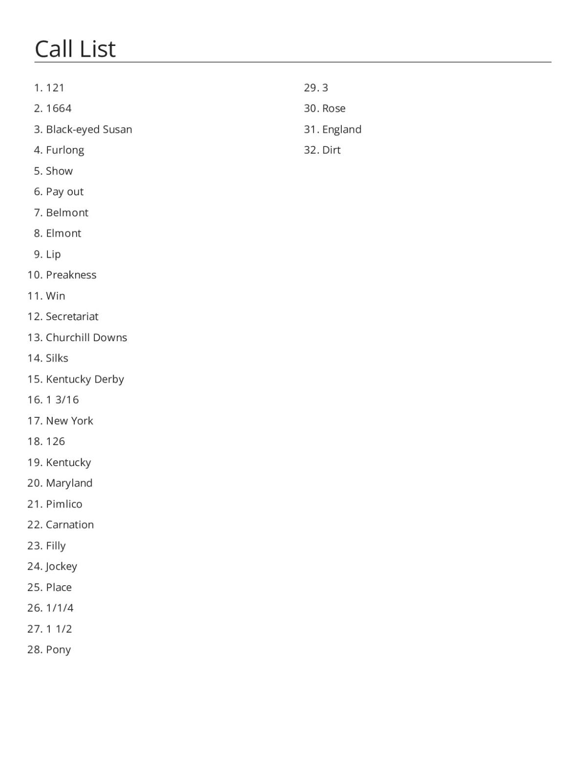 Horse racing bingo cards with Kentucky Derby, Preakness, and racing terms.
