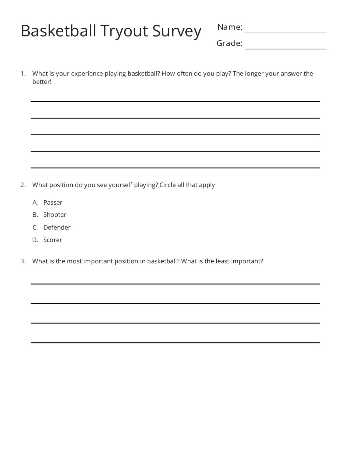 Printable 5th grade basketball tryout survey with questions about player experience, positions, and reasons for joining the team.
