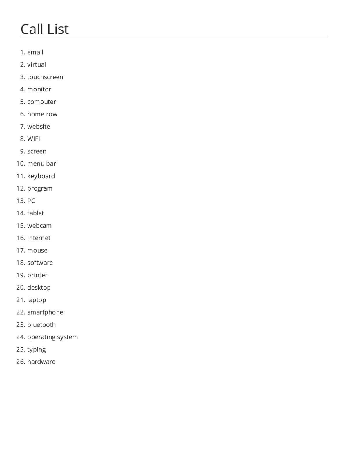 Computer vocabulary bingo cards with keyboard, monitor, WiFi, and digital device terms.