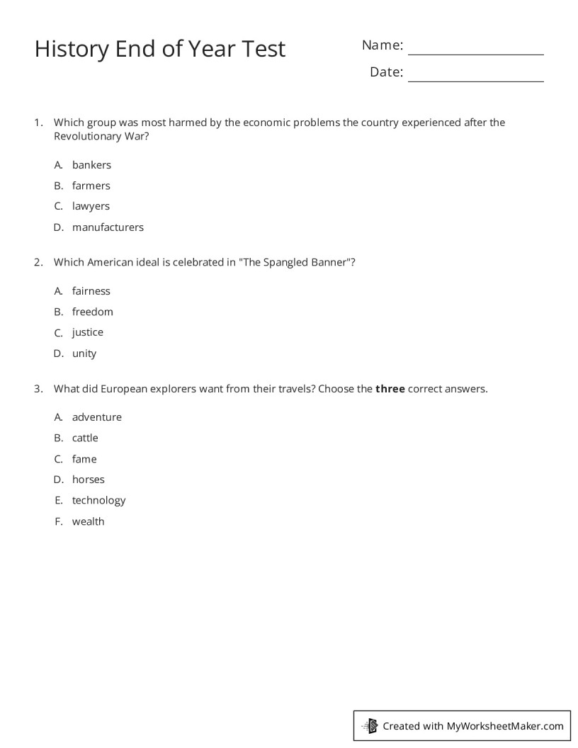 History End Of Year Test My Worksheet Maker Create Your Own Worksheets History End Of Year Test My Worksheet Maker Create Your Own Worksheets