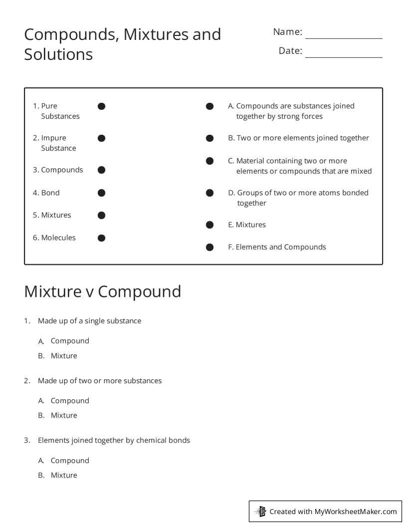 Compounds, Mixtures and Solutions - My Worksheet Maker: Create Your Own ...