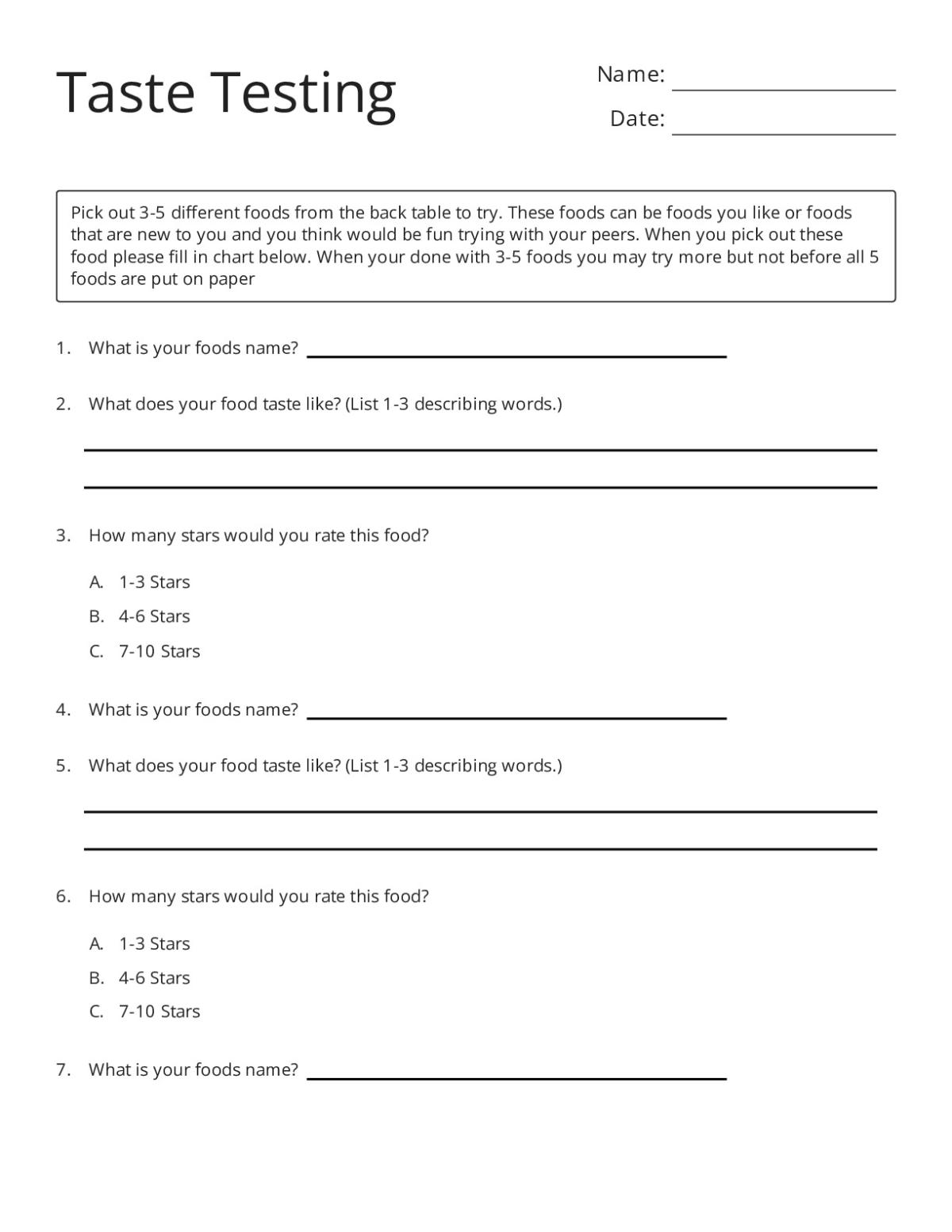 Kindergarten taste testing worksheet with rows for recording food name, taste descriptors, and star ratings for five foods.