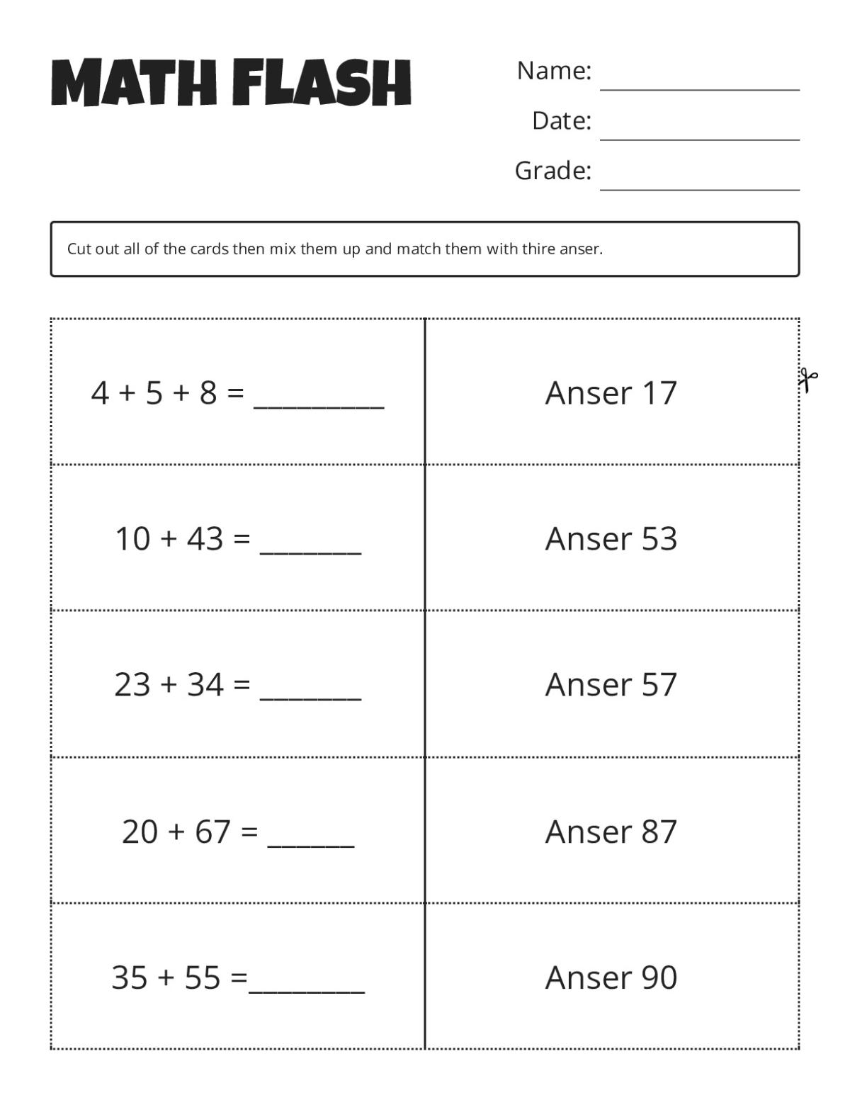 Addition flashcards with two-digit problems for Grades 1–2.