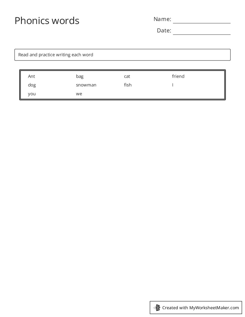 Phonics words my worksheet maker create your own worksheets