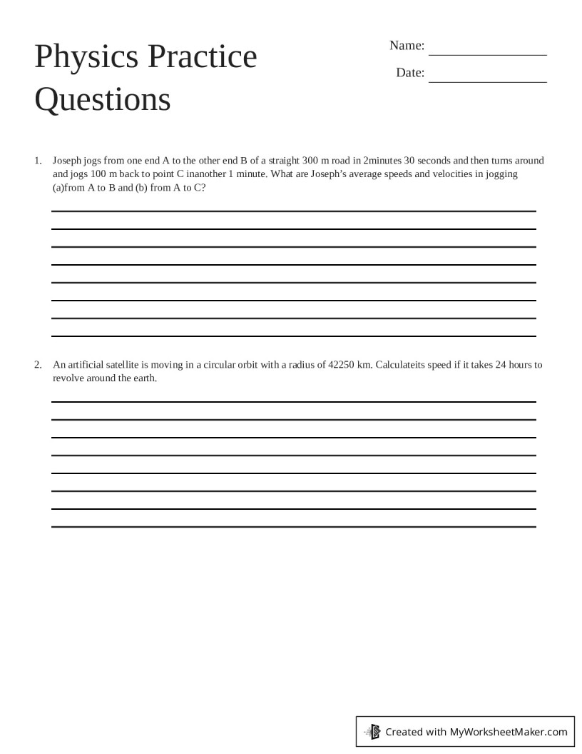 Physics Practice Questions - My Worksheet Maker: Create Your Own Worksheets