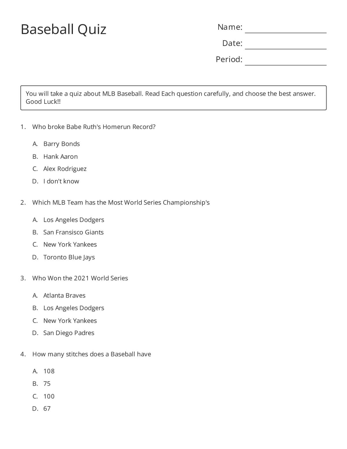 Printable 8th grade baseball quiz with multiple-choice questions on MLB history, World Series winners, and baseball facts.