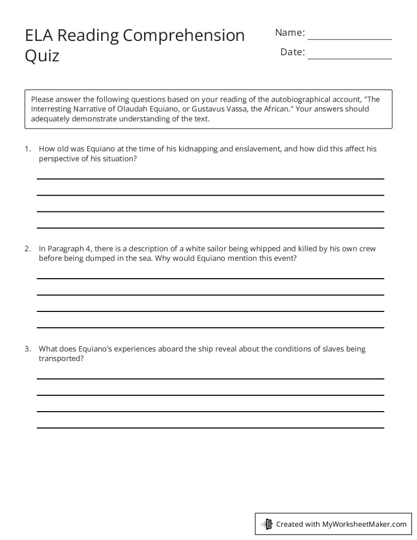 Ela reading comprehension quiz my worksheet maker create your own