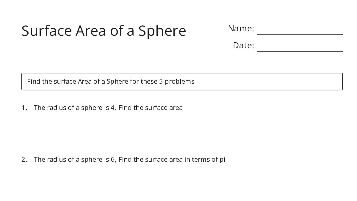 Surface Area of a Sphere - My Worksheet Maker: Create Your Own Worksheets