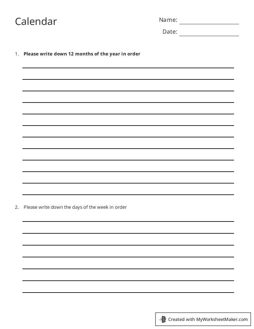 Calendar - My Worksheet Maker: Create Your Own Worksheets