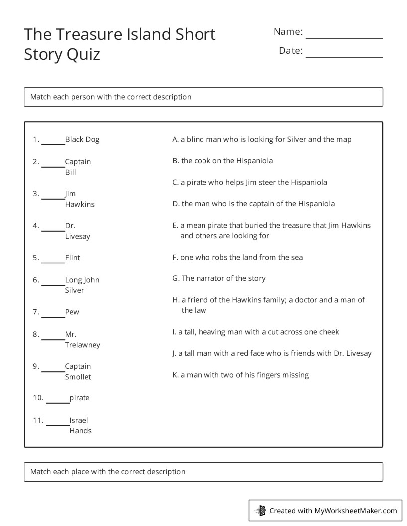 The Treasure Island Short Story Quiz - My Worksheet Maker: Create Your ...
