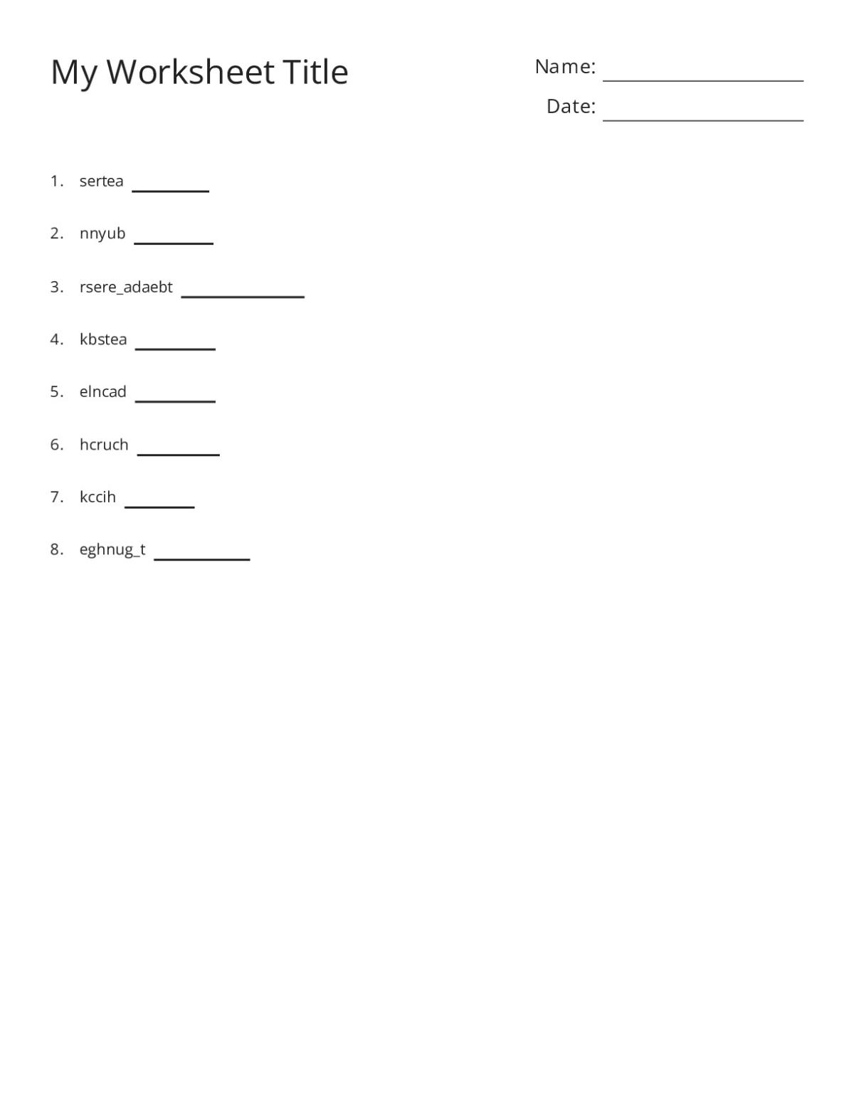 Pre-K Easter word scramble activity with eight holiday-themed words to unscramble.