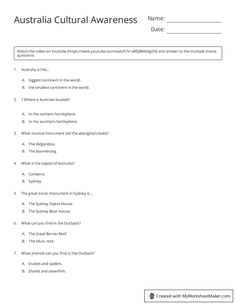 Australia Cultural Awareness - My Worksheet Maker: Create Your Own ...