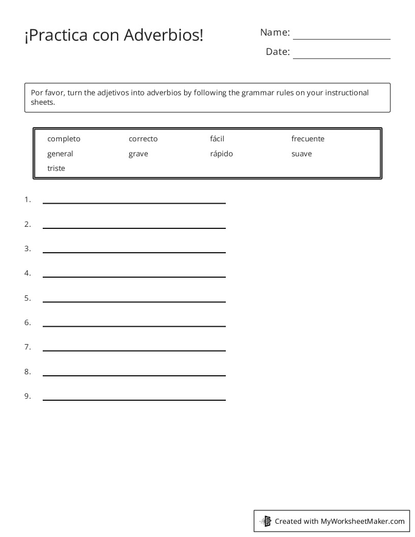 ¡Practica con Adverbios! - My Worksheet Maker: Create Your Own Worksheets