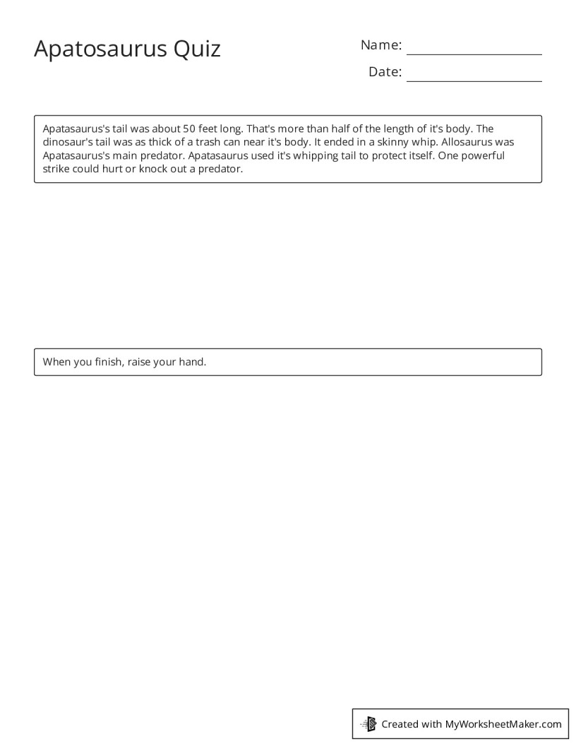 Apatosaurus Quiz - My Worksheet Maker: Create Your Own Worksheets