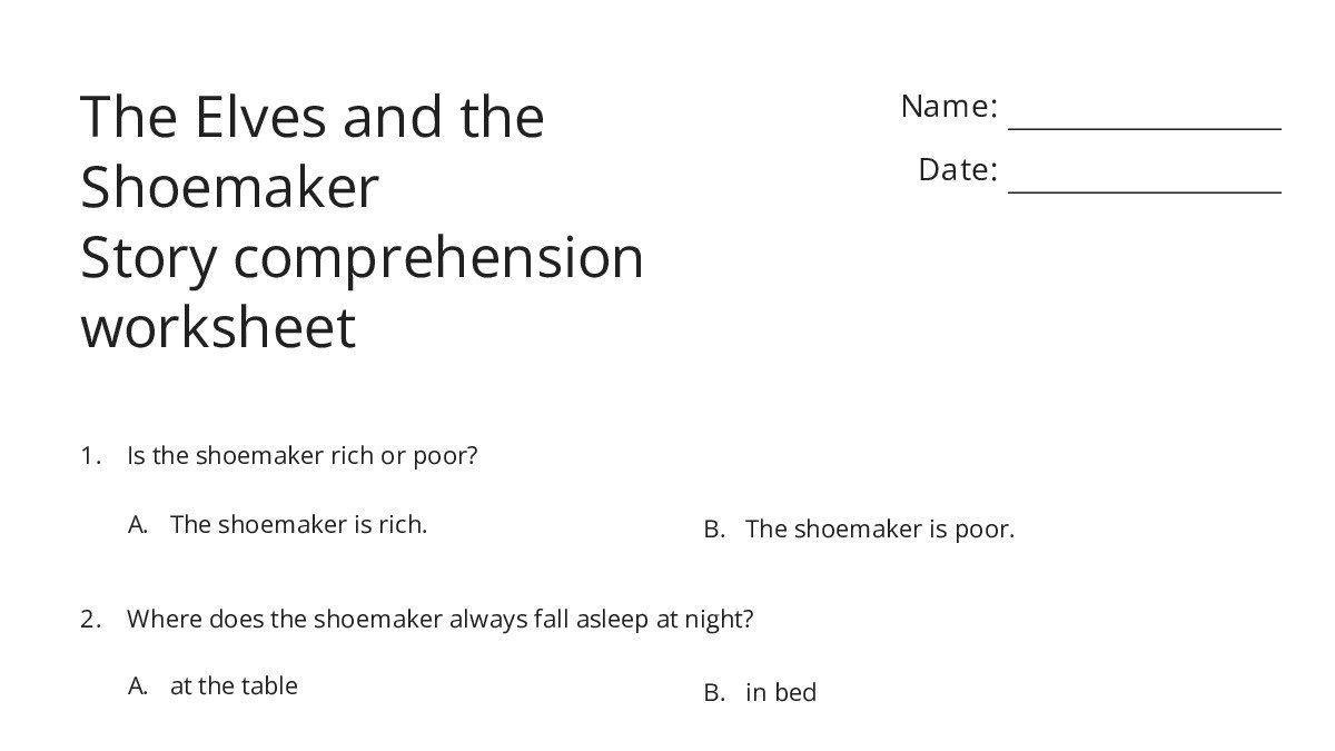 The Elves and the Shoemaker Story comprehension worksheet - My ...